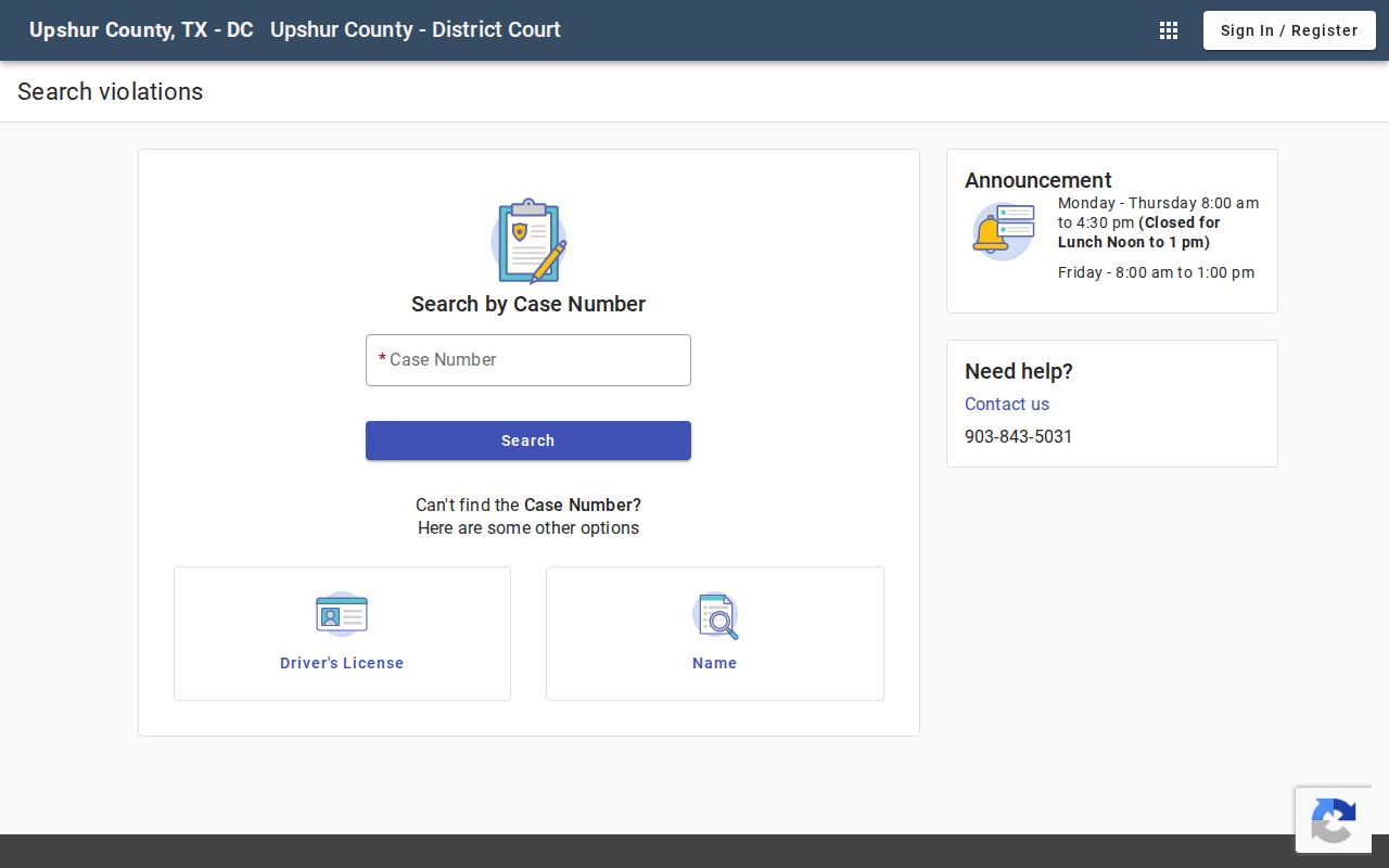 Upshur County citation search fields on official linked portal